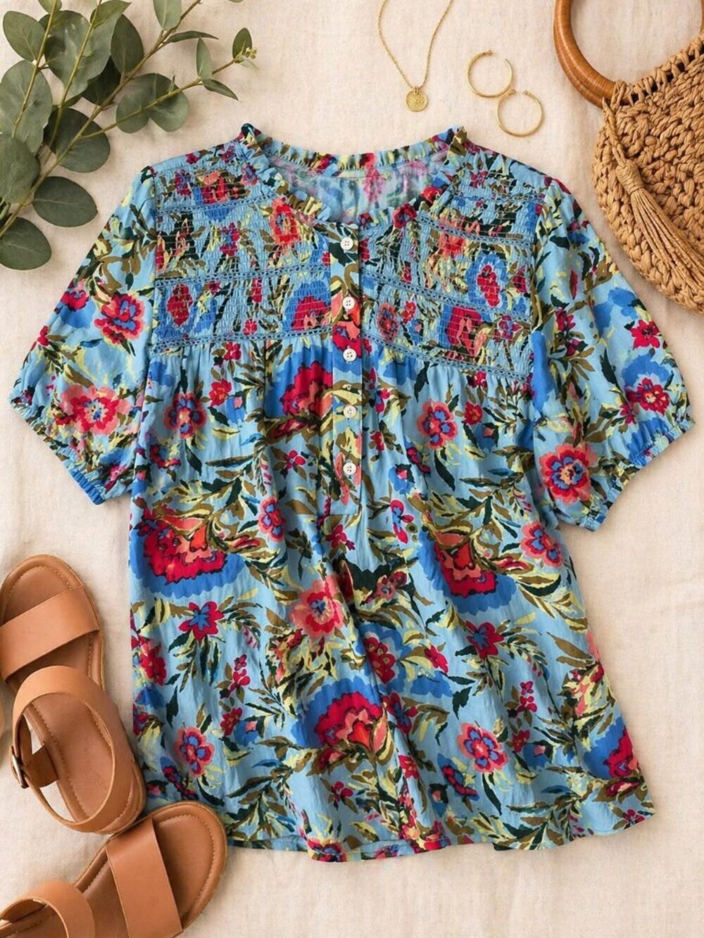 Anthro Intro Floral Blouse Petite PS Blue Boho Smocked Top